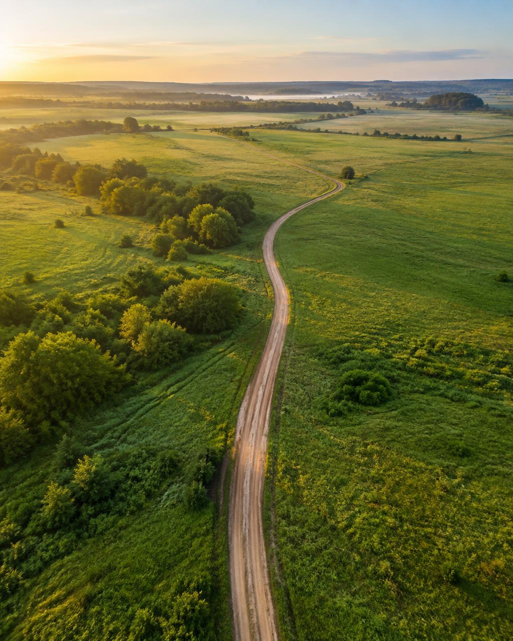Aerial view of an open rural land parcel with a dirt road